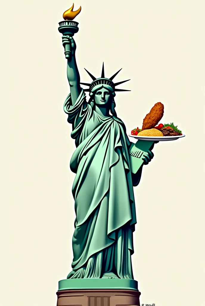The Statue of Liberty with a chicken wing in her right hand and a plate of Mexican food in her left hand, drawing style for a logo 