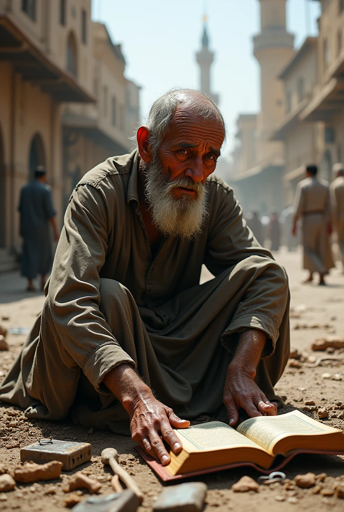 A poor old man is made to cry in Makkah and has junk and a book of the Holy Quran in front of him.