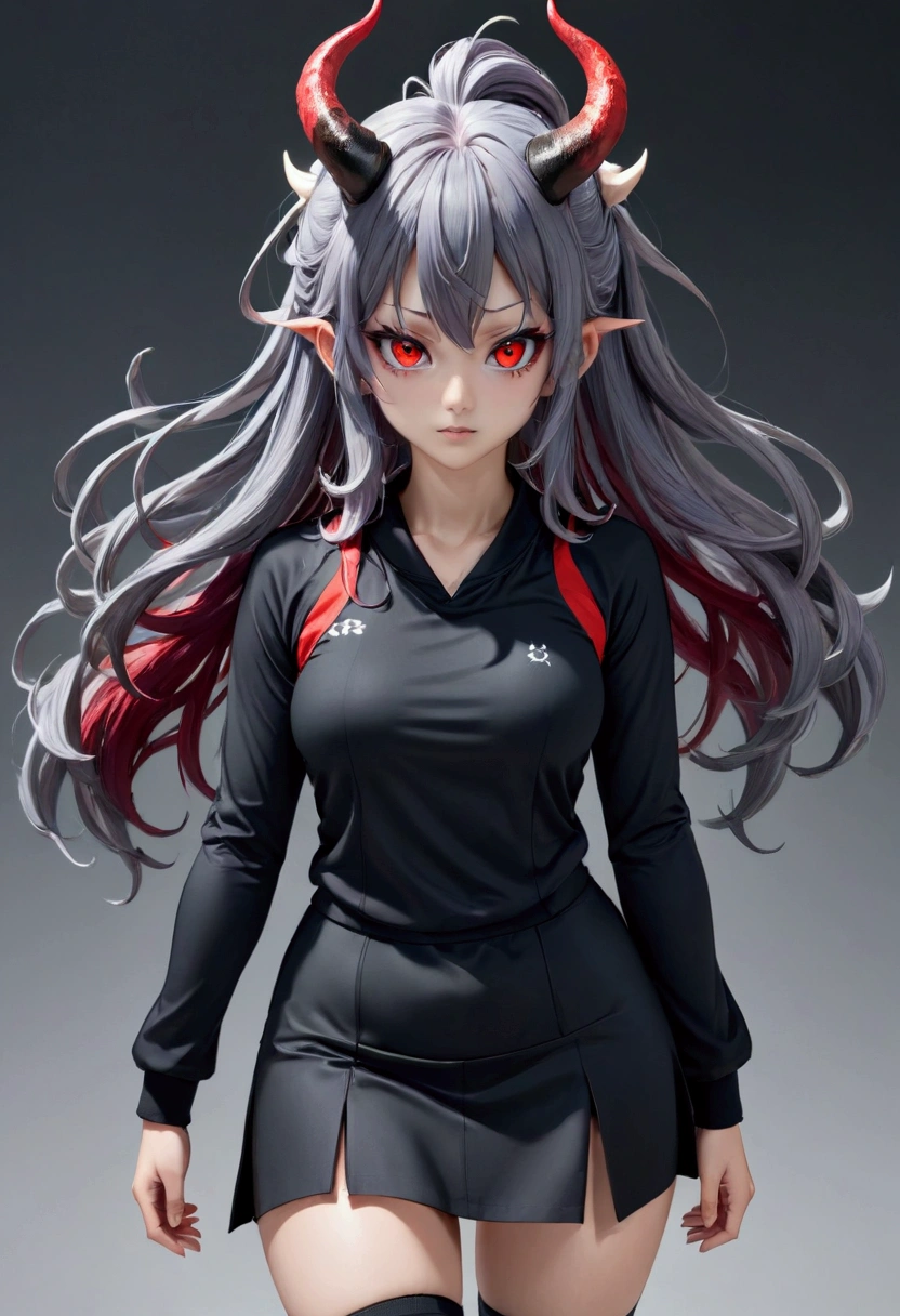 8k, Highest quality, Manga style, View your viewers, Intricate details,One person, Nakiri Ayame, 2Demon horns in the book, Multicolored Hair, Long Hair, Red eyes, Gray Hair, Sportswear, Standing with your legs apart,