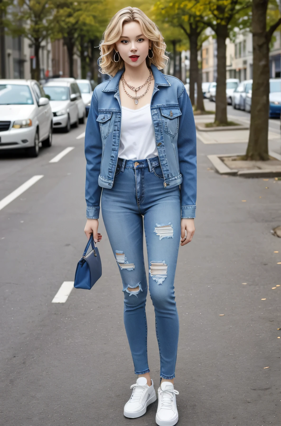 Neat and clean Caucasian woman、Full body photo、Are standing、、short hair、Blonde Hair、blue eyes、Wavy Hair、、Denim jacket、shirt、Skinny jeans、sneakers、Please open your mouth a little、View your viewers, Earrings, necklace, _background,City streets