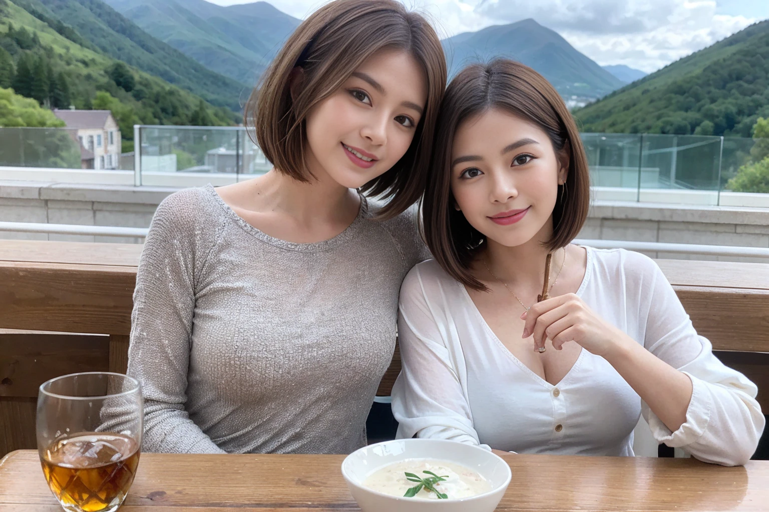 ((Highest quality、8k、masterpiece:1.3))、1 male、1 female、spouse、Beautiful couple、smile、 (Slim face), (The body is スリム), (Brown Hair), (Shortcuts), ((Bob Hale、Straight hair:1.2)), Whiskey bottle and glass on table、Single Malt、scotch、Shot Glass、on the rocks、Scotland、shine light on the face、 Amazing view of the sunset sky and clouds、Amazing mountain views、smileの美しさ、Bright image、blush, Shortcuts,Bright Face、 (4), 3, Appetizers、Italian food、Long sleeve shirt、dress、Attractive beauty、restaurant, Nova Frog Style, actress, model, Upper Body,