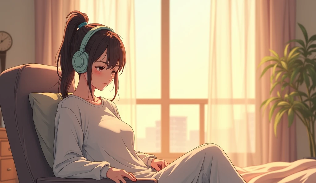 morning、Listen to music in the room、Sit on a chair、high school girl、Big Breasts、 relax、White sweatshirt、ponytail、Use headphones, Bright environment、2D-style animation, Lo-Fi、Retro、Anime style illustrations、Line art with clear outlines