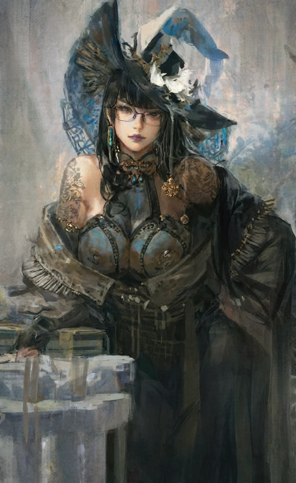 score_9, score_8_up, score_7_up, score_6_up, score_5_up, score_4_up, rating_safe, art of Guweiz, 1girl, mature, glasses, jewelry, brown eyes, painterly, painted, high detail artstation painting, hime cut long black hair, witches outfit, feathered hat, purple-brown lips, smile, leaning ahead on table, looking at viewer, one hand on hip
