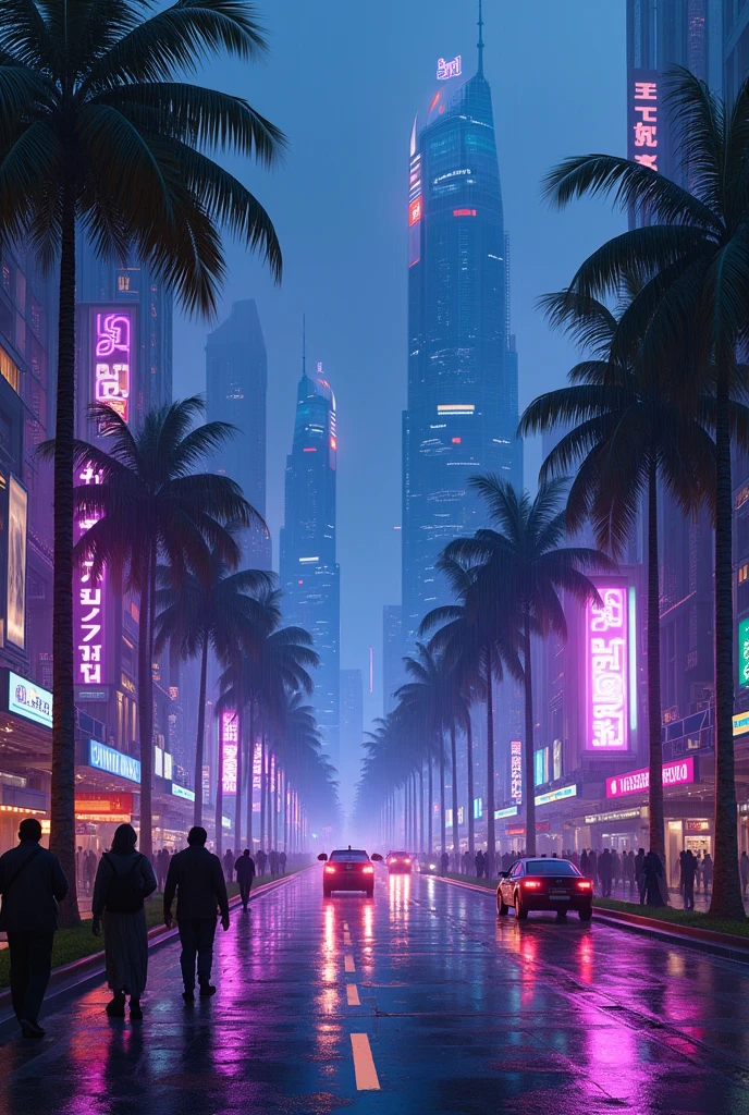 Oil painting of a futuristic street, in India, tall buildings in a distance,bright purple and blue lights, billboards, people walking on footpath, and cars on the street. Night time, raining, very realistic, very less palm trees in the walk way.