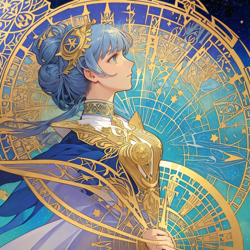 1 girl, (masterpiece, highest quality, highest quality, beautiful and aesthetic: 1.2), (1 girl: 1.3), lots jewelry, delicate arabic style clothing, ((face)), cool face, Traditional Arab blue dress, color hairstyle, Ultra-detailed, Soft Light, Gentle colors, 独奏, dynamic, (((geometric star patterns in the background))), profile,Low ponytail, bun hair, Alphonse Mucha's,Many stars in the frame、4K, ((In the form of Alphonse Mucha&#39;s tarot cards))、(((Starry sky background))) 