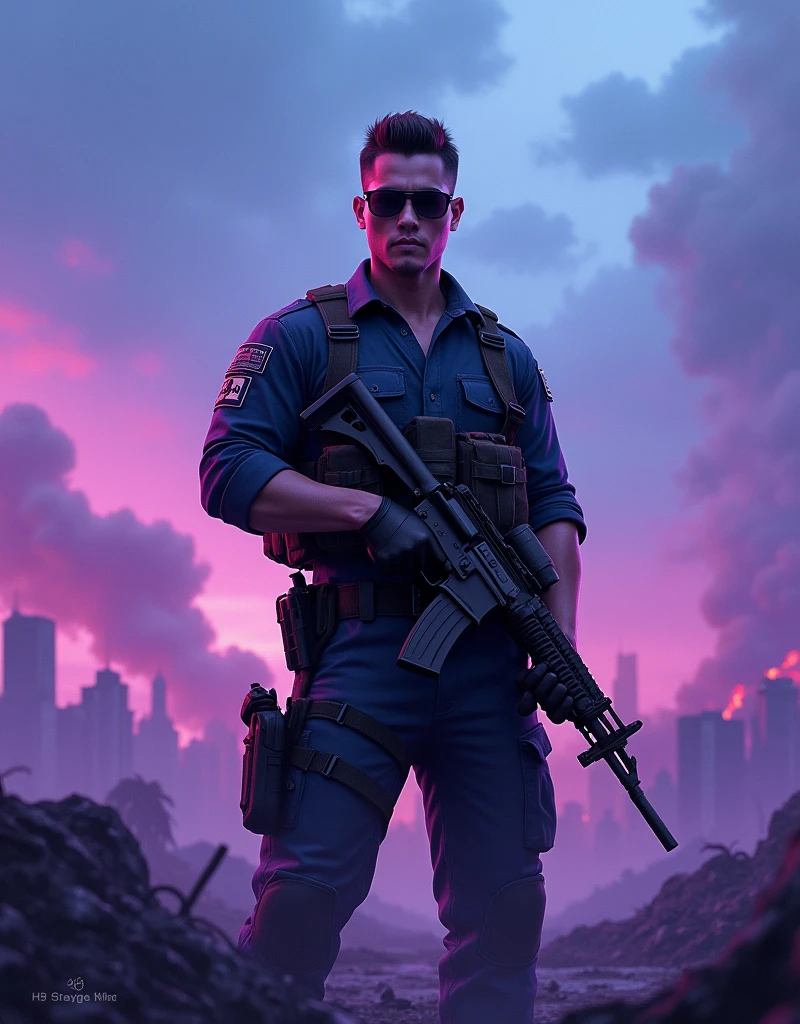 Brutal, handsome Thai male soldier crew cut brown hair, wearing sunglasses, dark blue fatigue uniform , rifle, standing in front of purple war zone, blue sky in the morning, purple atmosphere
