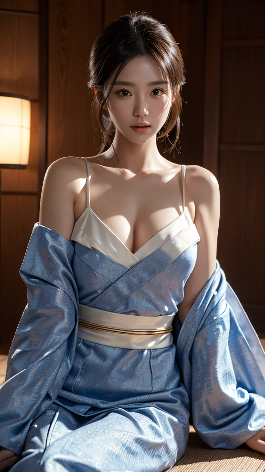 face  :9,41434626], A charming beautiful mature woman、40 years、key　154cm、Balanced body type、hourglass figure、Japan wearing yukata、Yukata at a Japanese inn、Shoulders out、clavicle、japanese model、sexy japanese women, Gorgeous Japanese Women, japanese goddess, laugh、RAW photos, (In 8K、best quality、masterpiece:1.2)、(intricate details:1.4)、(realistic:1.4)、octane rendering、Highly detailed 3D rendering, studio lighting, rim light, vivid details, super detail, realistic skin texture, detailed aspects, Beautiful details for the eyes, Highly detailed CG Unity 16k wallpaper, compensate, (detailed background:1.2),　glowing skin、