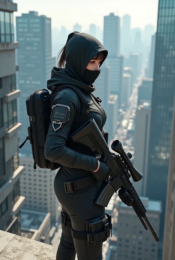 A Japanese female sniper wearing a cloth mask stands on the rooftop of a high-rise building.