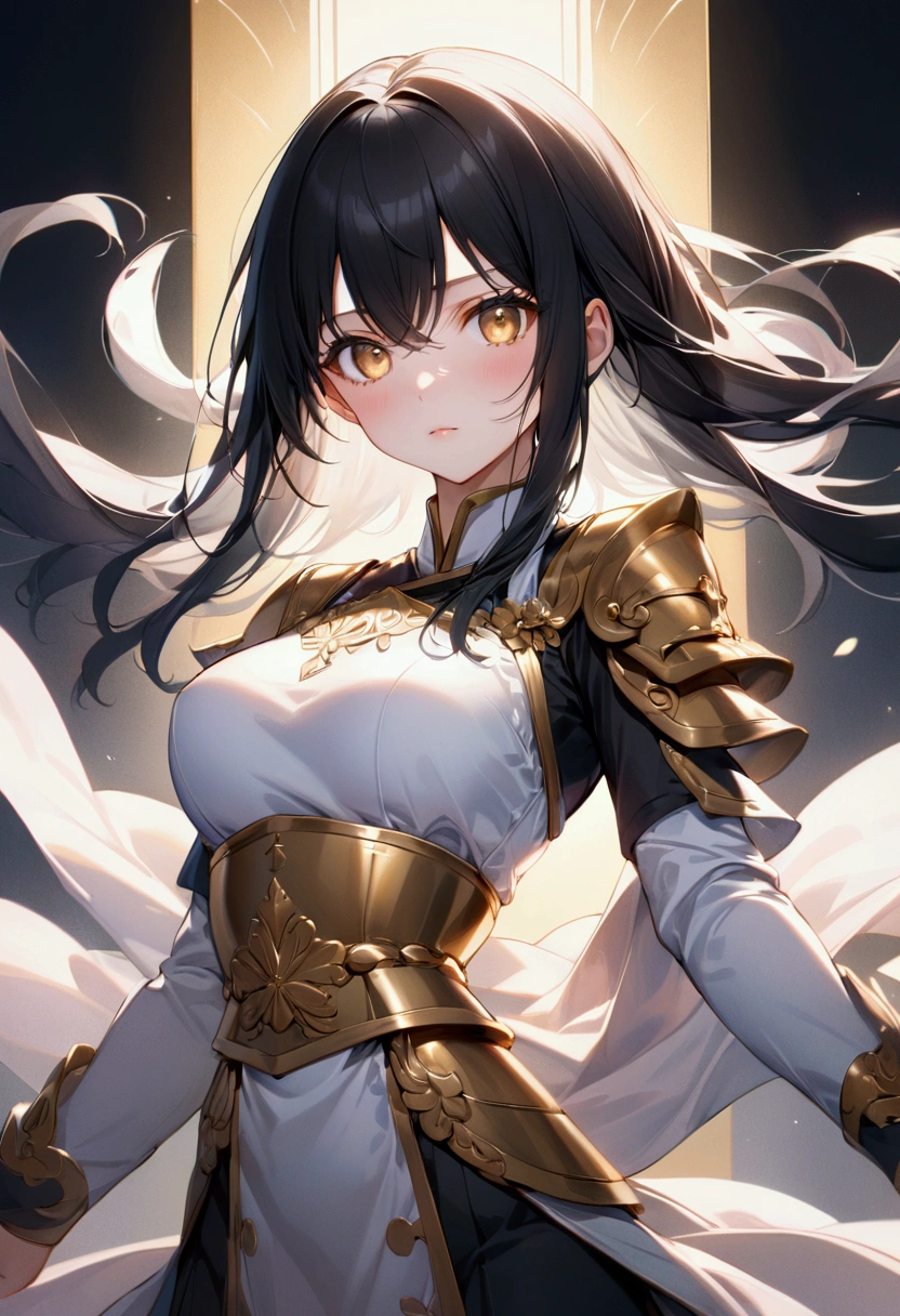 Anime girl with long straight black hair with white highlights, golden eyes,warrior clothes, detailed body, detailed eyes, masterpiece, best quality, aesthetic, standard pose, 8k, high resolution, ultra-sharp.