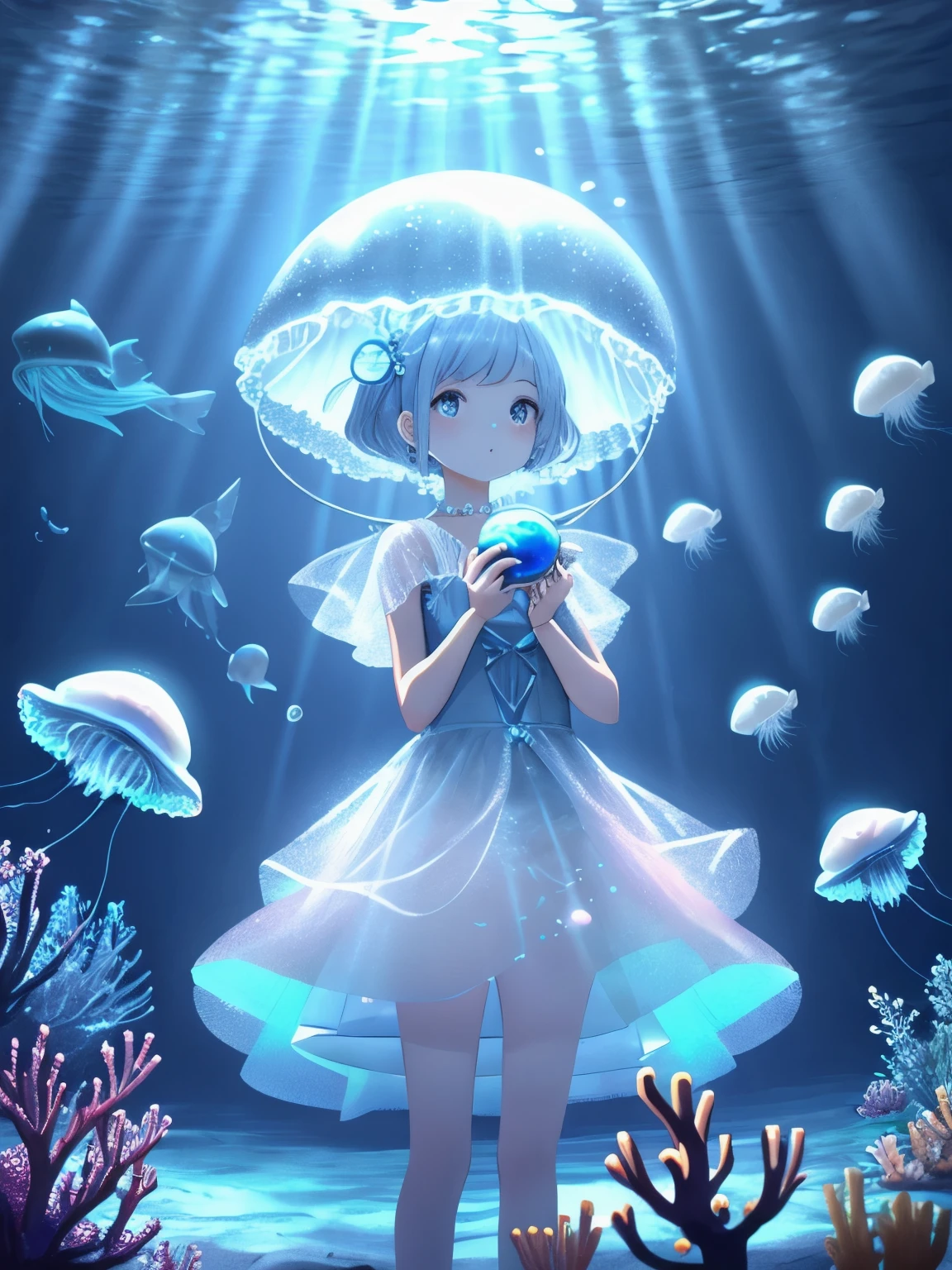 Underwater mysterious world, Magic world, glowing little jellyfish, Small fish, a girl in a transparent dress holds a glowing ball of a pearl in her hands, many small bubbles