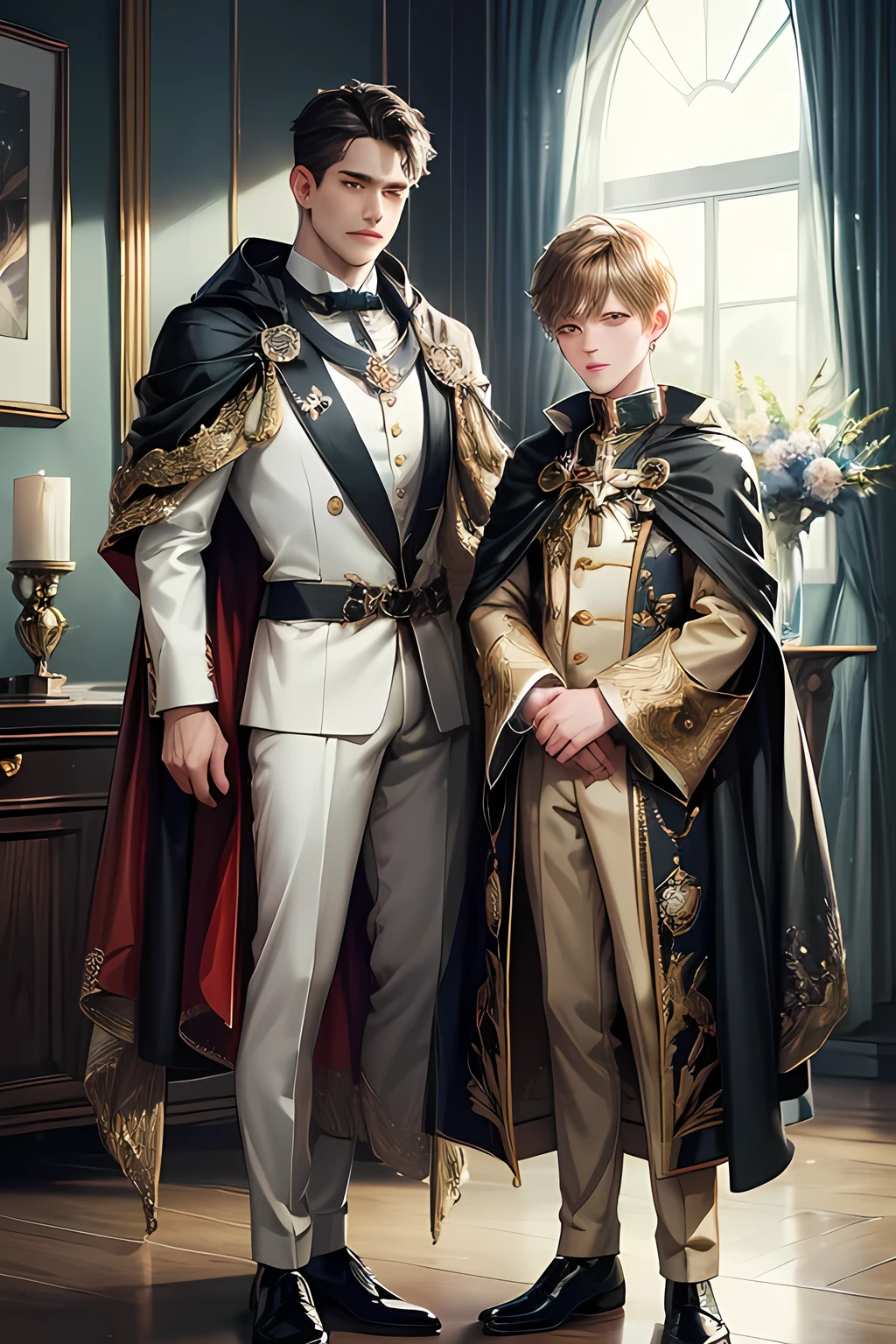 (absurdres, highres, ultra detailed, HDR, masterpiece), 2man standing side by side like webnovel cover, (((2 boys))), mature, masterpiece, intricate, best quality, rivals, protagonist, magician, short hair, anime eyes, simple uniform outfit with cape, detailed fantasy interiors, detailed character, (Best quality at best, 4K, 8k)