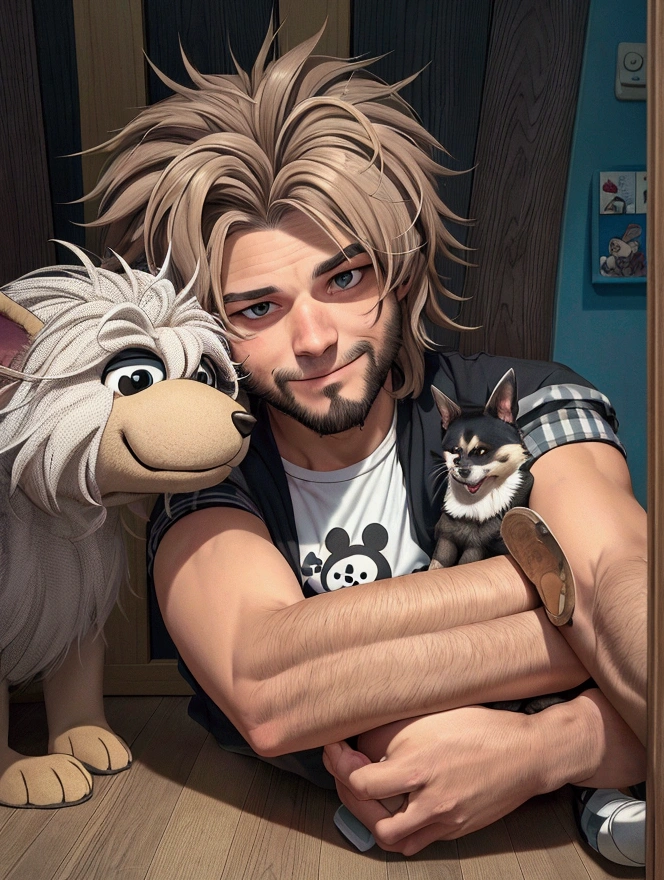 there is a dog cartoon charater in disney style that is sitting on the floor in the room, scruffy looking, looking straight to camera, by Romain brook, by Emma Andijewska, looking straight to the camera, selfie of a dog, his hair is messy and unkempt, retired barney, cute furry needs your help, portrait zeus, by Petr Brandl, looking smug