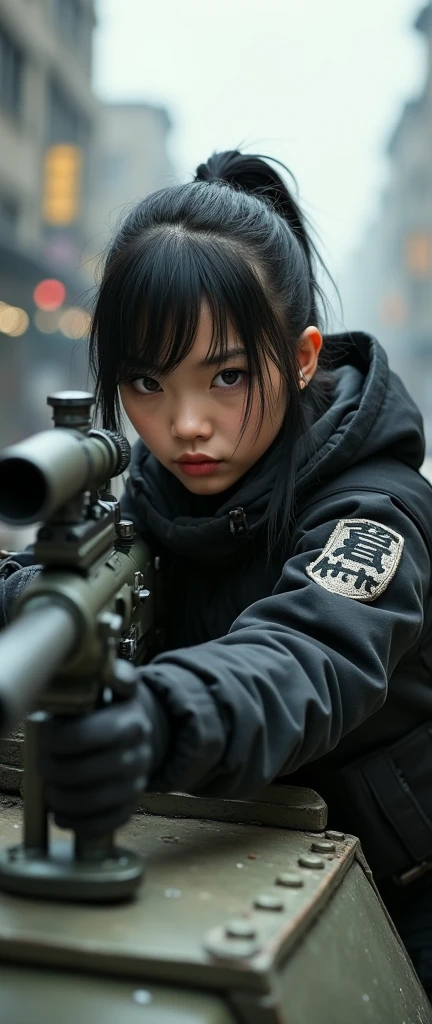 bleak gritty action edgy so much swagger trained marine corp militant asian female solider with serious expresion with an attitue vengance she adorn with pony tail hairstyle adorn hip hop rap style in kevlar black military attire armour sniper rifle on recline on a tank aiming sniper absolute disrespect bad-mannered with her female squad