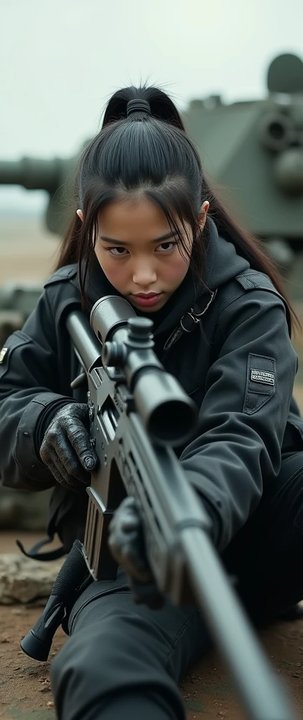 bleak gritty action edgy so much swagger trained marine corp militant asian female solider with serious expresion with an attitue vengance she adorn with pony tail hairstyle adorn hip hop rap style in kevlar black military attire armour sniper rifle on recline on a tank aiming sniper absolute disrespect bad-mannered with her female squad