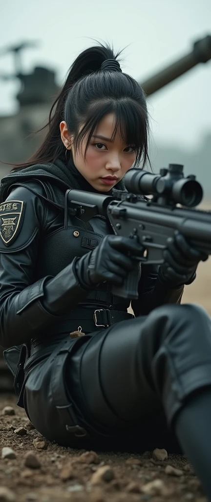 bleak gritty action edgy so much swagger trained marine corp militant asian female solider with serious expresion with an attitue vengance she adorn with pony tail hairstyle adorn hip hop rap style in kevlar black military attire armour sniper rifle on recline on a tank aiming sniper absolute disrespect bad-mannered with her female squad