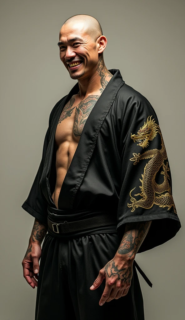 (best quality,4k,8k,highres,masterpiece:1.2),ultra-detailed,(realistic,photorealistic,photo-realistic:1.37), 1 male, asian, 30-year-old Yakuza member, bald head, showcasing Yakuza body tattoo, evil smile, large muscular body, lustful, ((intricate detail)), super finely detailed hands, ultra finely detailed fingers(((ten fingers))), wearing traditional Yakuza attire, (black silk Yukata with Gold Dragon pattern), (standing menacingly), (full body showcase), (show full body), (no logos on background), (no logo), ((plain background)), ((plain background)), (((empty background)))