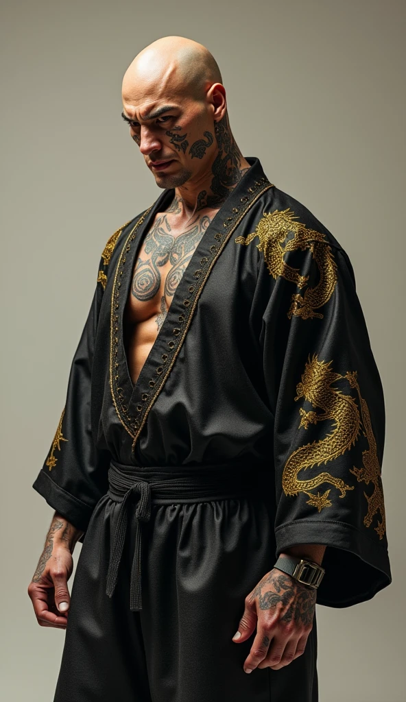 (best quality,4k,8k,highres,masterpiece:1.2),ultra-detailed,(realistic,photorealistic,photo-realistic:1.37), 1 male, asian, 30-year-old Yakuza member, bald head, showcasing Yakuza body tattoo, evil smile, large muscular body, lustful, ((intricate detail)), super finely detailed hands, ultra finely detailed fingers(((ten fingers))), wearing traditional Yakuza attire, (black silk Yukata with Gold Dragon pattern), (standing menacingly), (full body showcase), (show full body), (no logos on background), (no logo), ((plain background)), ((plain background)), (((empty background)))