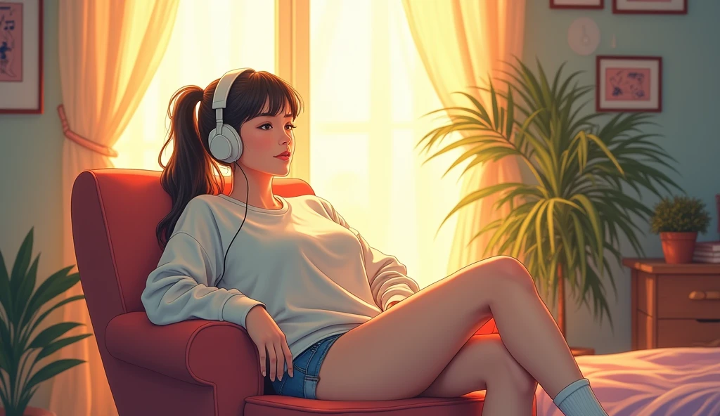 morning、Listen to music in the room、Sit on a chair、high school girl、Big Breasts、 relax、White sweatshirt、ponytail、Use cordless headphones, Bright environment、2D-style animation, Lo-Fi、Retro、Anime style illustrations、Line art with clear outlines