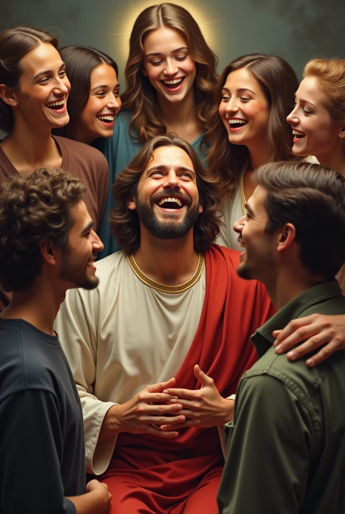 Jesus Christ laughing with a group of young Catholics together with Our Lady of Graces, where is Our Lady of Graces? Bring her closer because there are only women and a mixed group of young people. WHERE IS OUR LADY OF GRACES? 
(desaning)