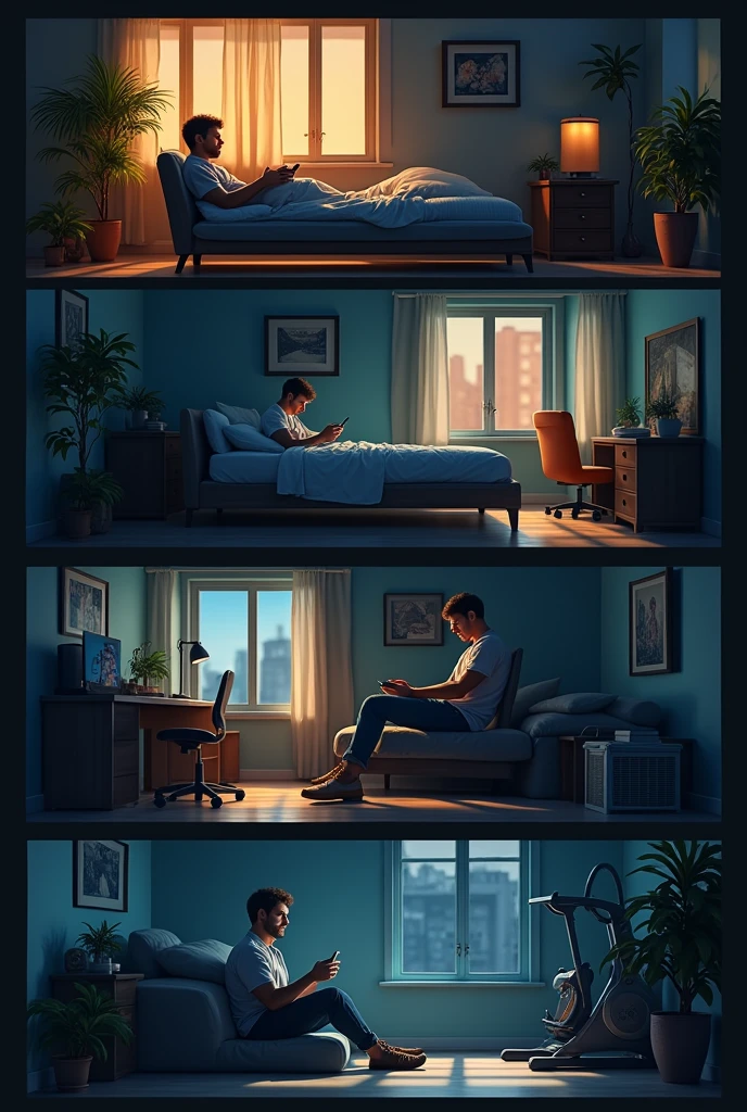 (photorealism:1.2) a man binge watching series on phone, a man soundly sleeping, a man busy studying, a man exercising in the gym, late at night