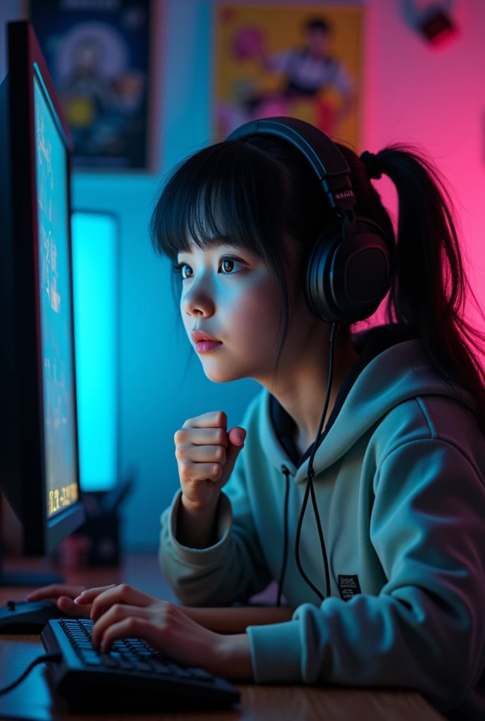 A girl is playing pubg in his computer