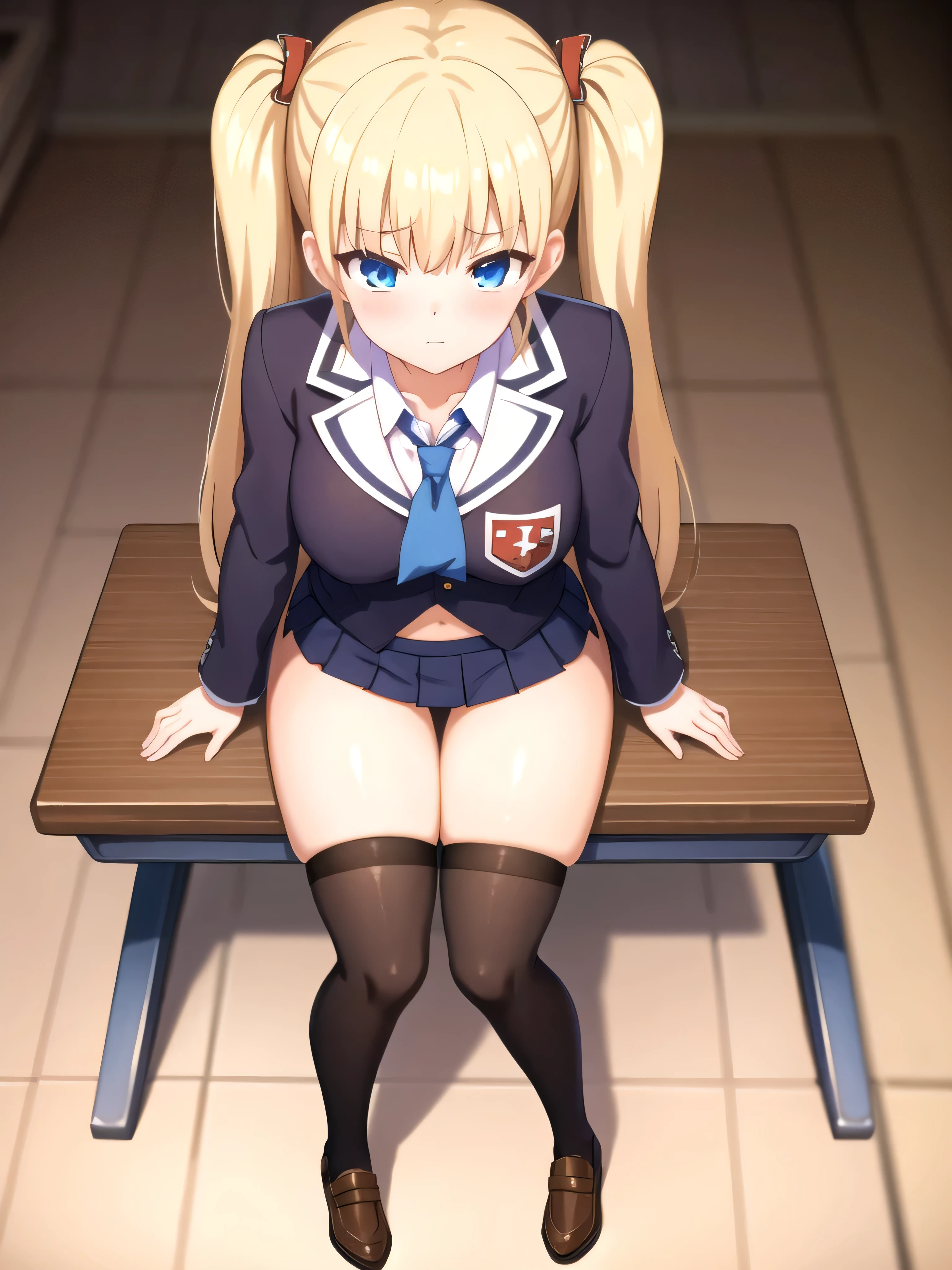 (masterpiece, Best Quality:1.2), absurdities, perfect anatomy, owtech, stylized, 1 girl, full body, looking at the viewer, blunt bangs, Focus only, Soft lighting, (blue eyes), blonde hair, very long hair, twintails, Airi Akizuki, medium , sexy sol uniform,thighhighs, sitting on a table in a sexy schouniform