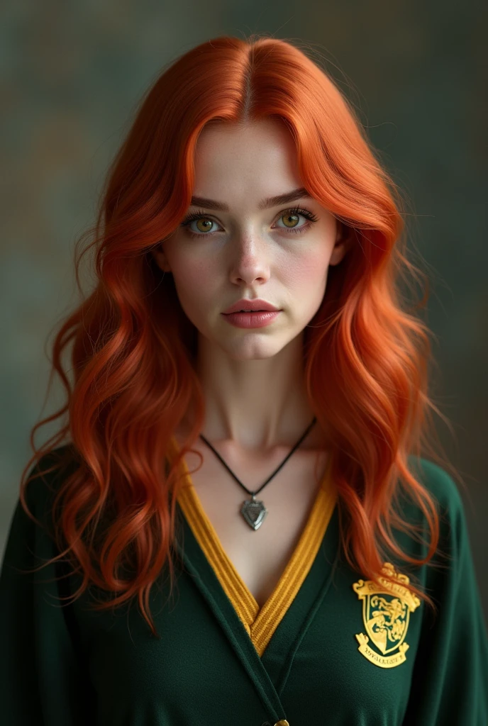 Hogwarts Witch, hairs(cherry red, long to the waist shiny and soft) Skinned(pale ,and smooth ) cos(slim and waisted, medium height) muka (feminine and soft square ,small-nose , round and symmetrical eyes in amber color ,pink heart shaped lips) robes (uniforme da Hufflepuff)
