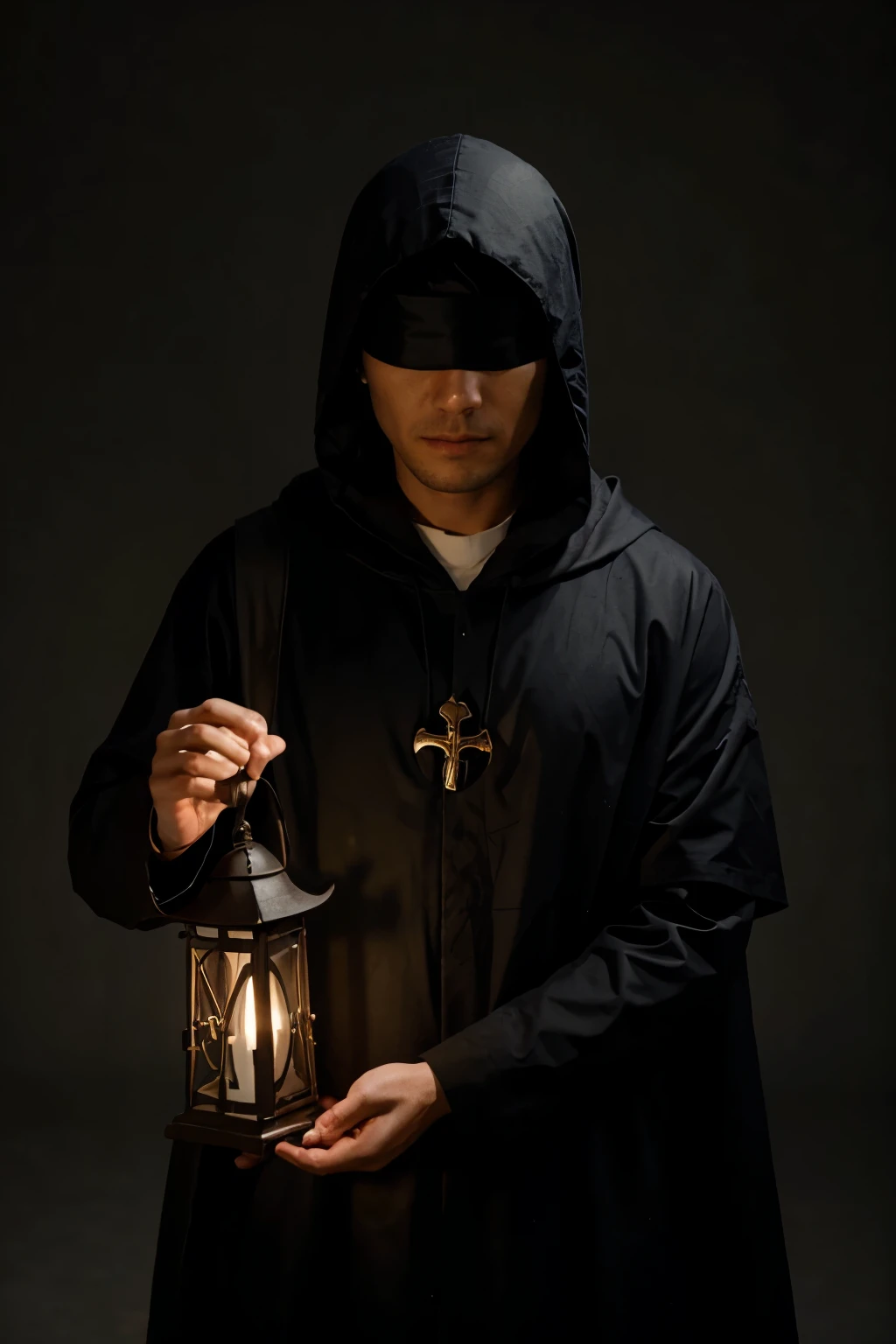 Blindfolded priest in a hood holding a lantern and a sword winged pattern