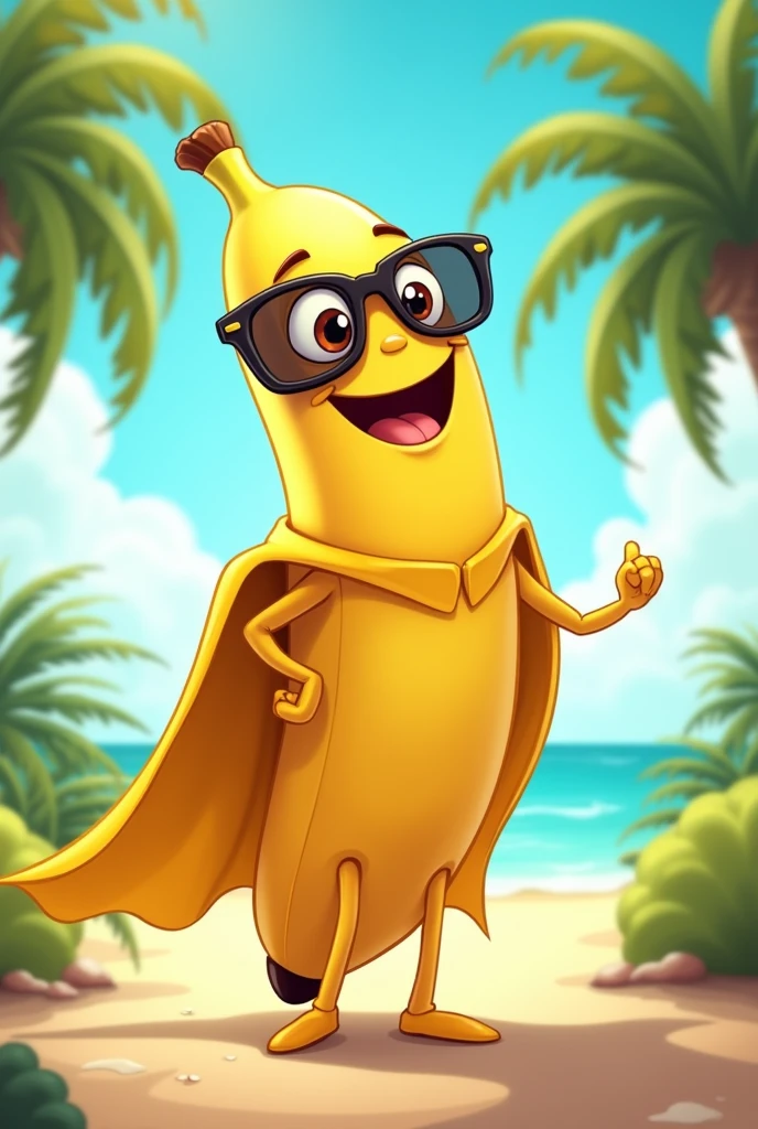 A cheerful cartoon with big, expressive eyes, a wide smile, and wearing sunglasses. The banana is standing upright, with its peel partially opened like a cape, giving it a superhero vibe. The background is a vibrant, sunny tropical setting with palm trees and a bright blue sky."