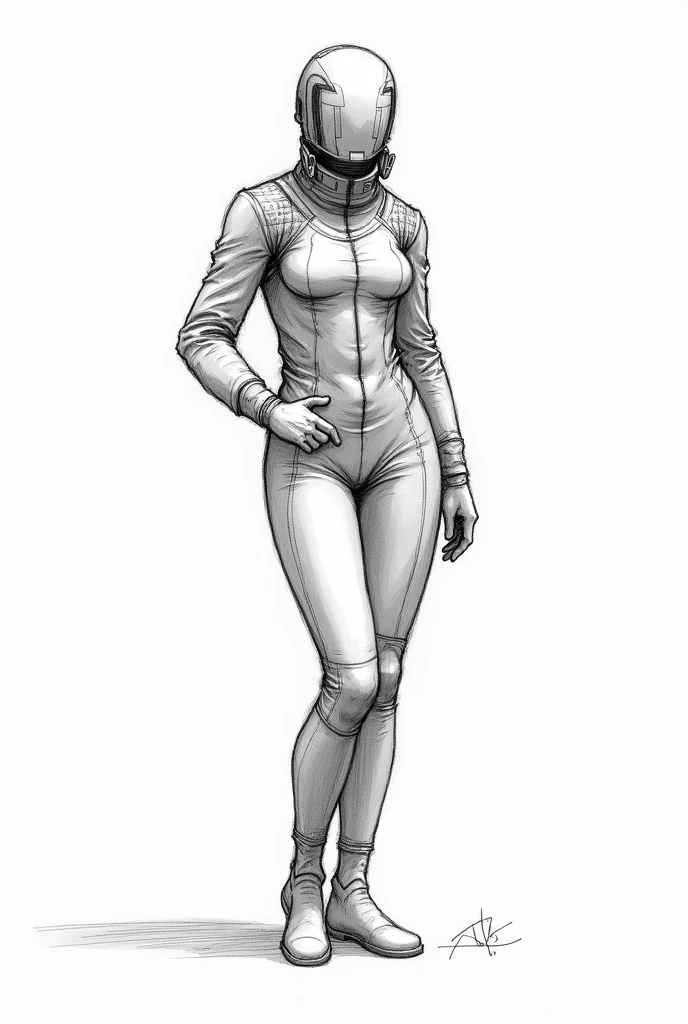 a drawing sketcg of pilot model, with no face (nose, mouth, eyes, in black and white pencil.
