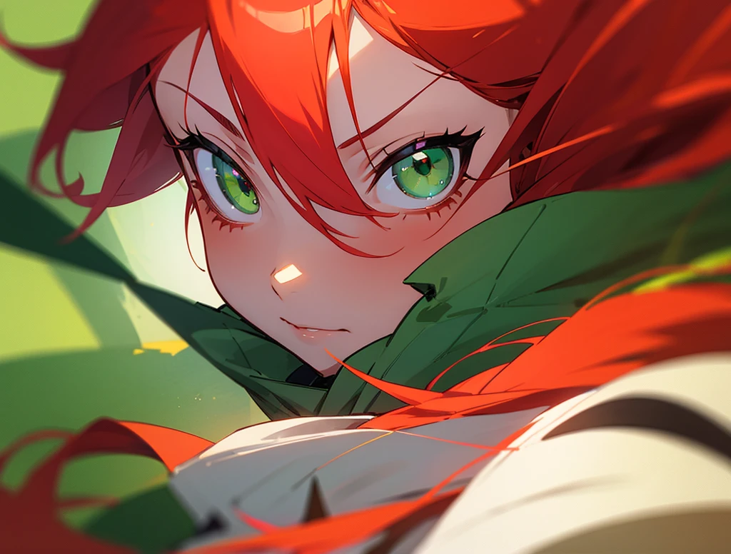 anime style, girl with red hair and green eyes