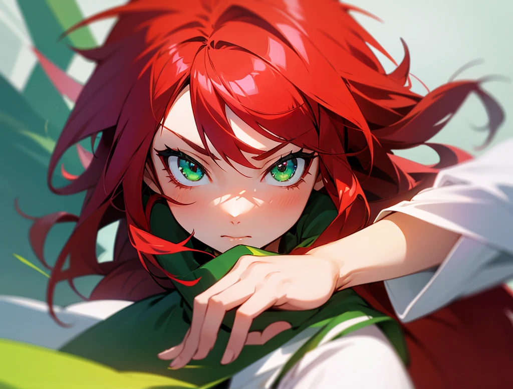 anime style, girl with red hair and green eyes