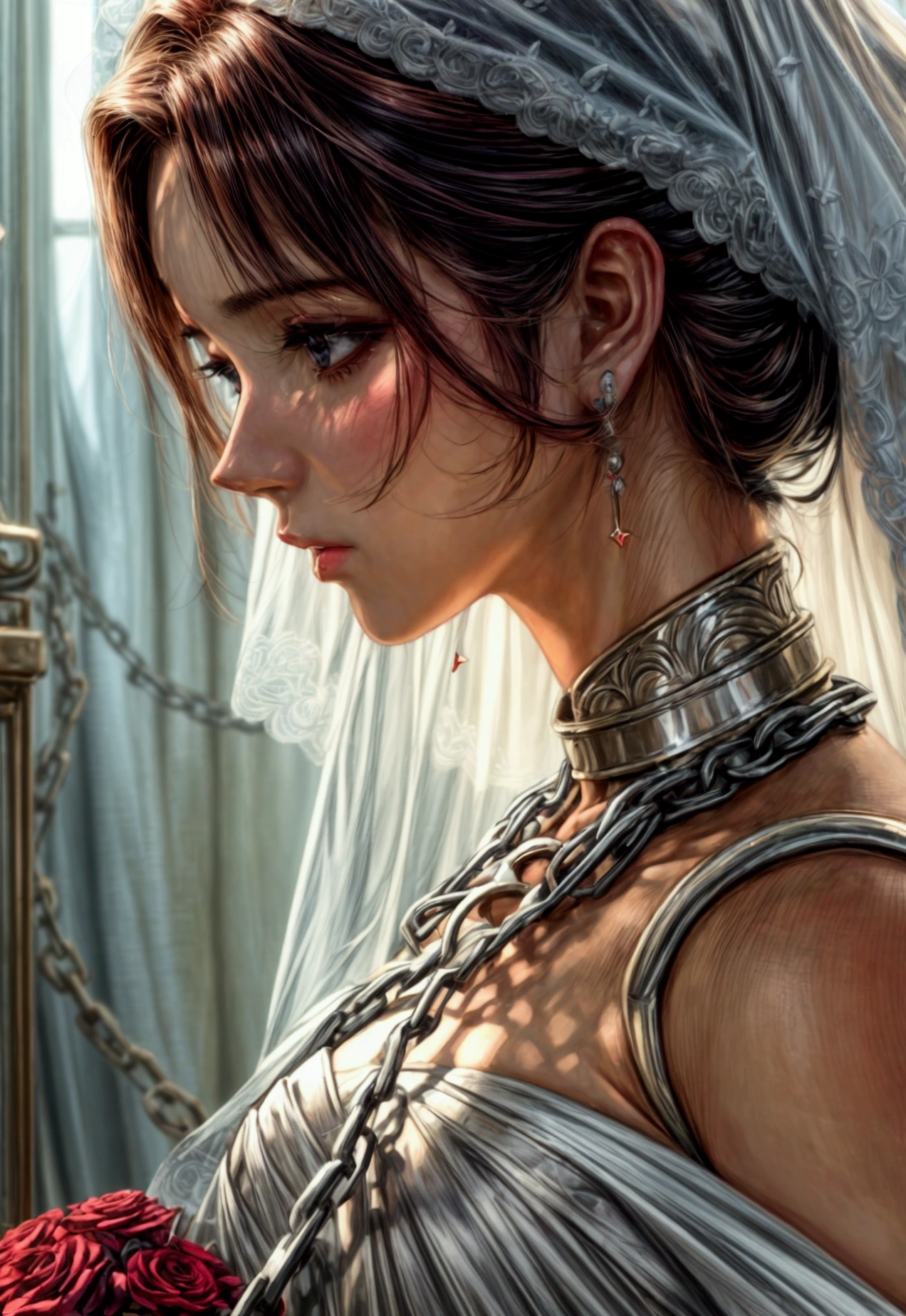 oil painting anime comic art, Julie Bell art of a groom held by ((radiant chains: 1.2)), in his wedding day and his bride, a handsome groom, wearing suit and tie, BREAK AND a beautiful, sexy bride, busty bride, wearing white lace wedding dress, the chain holds the groom, with chains, the chain forms the shape of red glowing heart, cinematic light, High Detail, Ultra High Quality, High Resolution, 16K Resolution, Ultra HD Pictures, Ultra Realistic, Clear Details, Realistic Detail, Ultra High Definition, rpg portrait, chain leash