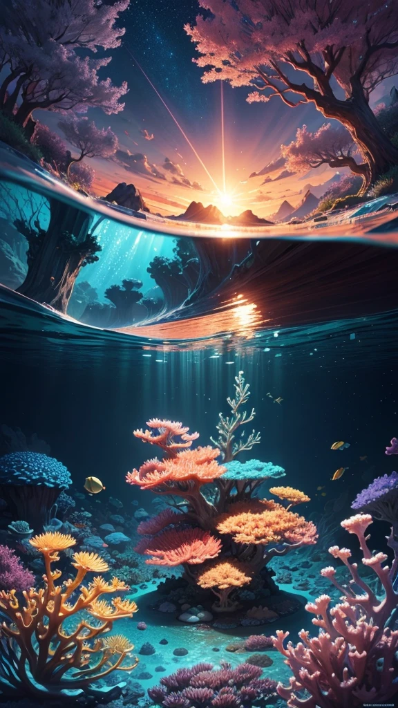 /imagine prompt: Viral anime nature wallpaper in 4K quality, in the style of Pixar 3D inspired by Finding Nemo, illustrating an underwater scene with vibrant coral reefs, colorful fish swimming around, and sunlight piercing through the water; bright and vivid color temperature, cosmos lighting with stars visible in the water surface, no human characters, the atmosphere is lively and magical --v 5 --stylize 1000