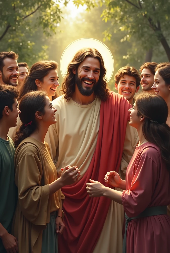 Jesus Christ laughing with a group of young Catholics together with Our Lady of Graces Where is Our Lady of Graces? Bring her closer because there are only women and a mixed group of young people. WHERE IS OUR LADY OF GRACES? Where is Our Lady? 
(desaning)
