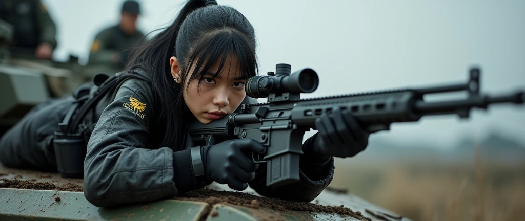 bleak gritty action edgy so much swagger trained marine corp militant asian female solider with serious expresion with an attitue vengance she adorn with pony tail hairstyle adorn hip hop rap style in kevlar black military attire armour sniper rifle on recline on a tank aiming sniper absolute disrespect bad-mannered with her female squad