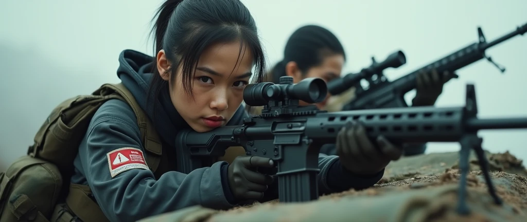 bleak gritty action edgy so much swagger trained marine corp militant asian female solider with serious expresion with an attitue vengance she adorn with pony tail hairstyle adorn hip hop rap style in kevlar black military attire armour sniper rifle on recline on a tank aiming sniper absolute disrespect bad-mannered with her female squad