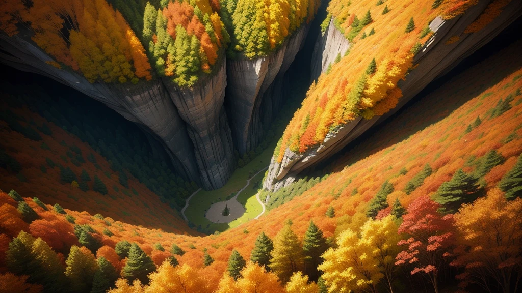 A forest with a steep cave, movie「Lost」Wind, Aerial view of the cave, Beautiful trees on the edge of the cave々There are rows of vines, Bright red、yellow、green、Orange autumn colours, greenの草、Highest quality、High resolution、Like the picture