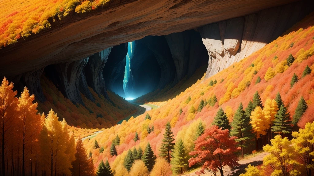 A forest with a steep cave, movie「Lost」Wind, Aerial view of the cave, Beautiful trees on the edge of the cave々There are rows of vines, Bright red、yellow、green、Orange autumn colours, greenの草、Highest quality、High resolution、Like the picture