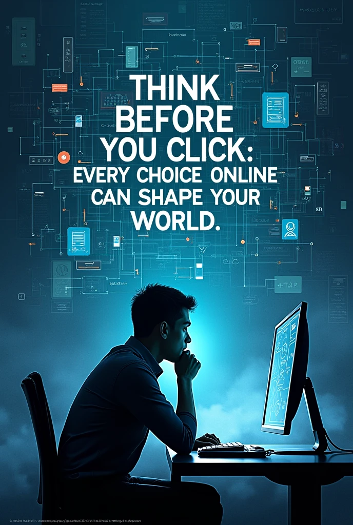 "Think before you click" very creative campaign poster with some quotes. Add the text and a quote "Think before you click; every choice online can shape your world." with computer and technology.
