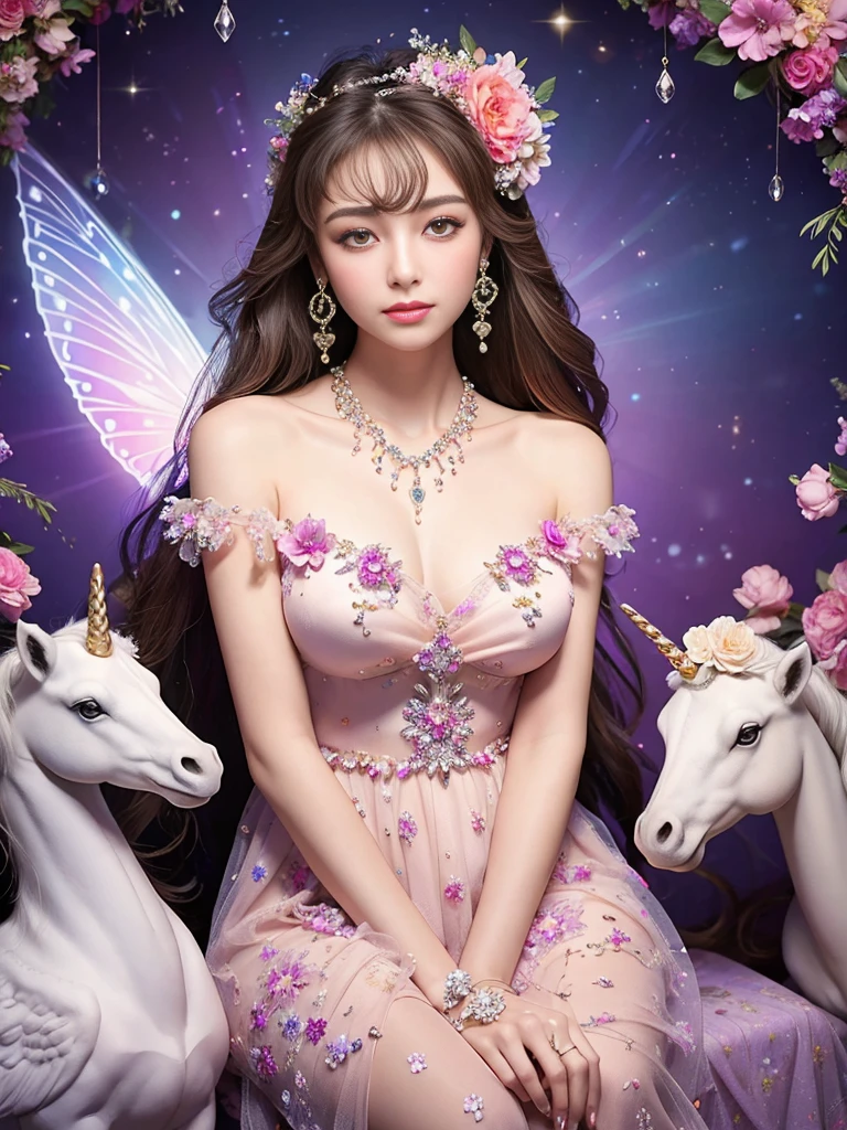 4K Ultra HD, masterpiece,Elegant and dynamic portrait,Stunningly beautiful girl, Big Breasts, Long Hair, girl, Nice face, Fine grain, Detailed lips, Flower fairy girl, , Neon Light, Galaxy Background,Floral Dress, Magenta Dress, In heaven, Sitting on a unicorn, Beautiful and clear eyes, Delicate necklace, Delicate earrings (Hair decorated with delicate flower arrangements, crystal jewelry string), (View your viewers)
