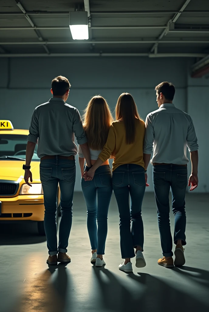 Two men are dropping two women to a cab in the basement parking, the woman is wearing a top and jeans and the man is wearing a shirt and jeans and a smart watch