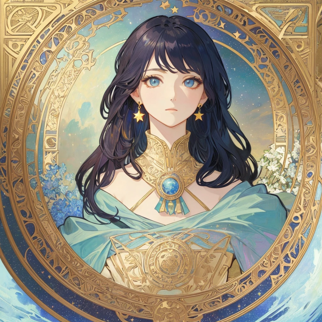 Beauty 1 person、(masterpiece、highest quality、highest quality、beautiful and aesthetic:1.2)、round picture frame、Rainbow-colored、earrings、Based on the concept of an elegant woman、Shining eyes、(((colorful hair)))、Gradation、hyperdetailed intricately detailed, unreal engine, wonderful, intricate details, splash screen, complementary color, 8K resolution, A masterpiece of deviation、(((many stars in the background)))、line drawing、decorative panel, Offer、Artistic, (masterpiece, highest quality, High resolution:1.4), be familiar with, intricate details, 4K, ((In the form of tarot cards))、(((Starry sky background))) 、((by alphonse mucha))、Light、Shadow、moon behind,profile