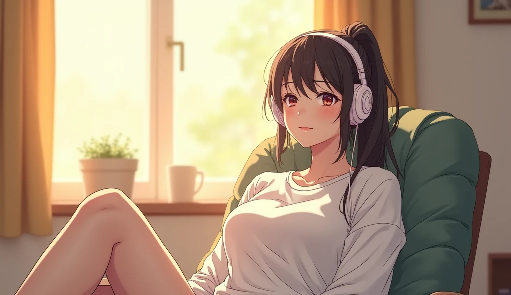 morning、Listen to music in the room、Sit on a chair、high school girl、Big Breasts、 relax、White sweatshirt、ponytail、Use headphones, Bright environment、2D-style animation, Lo-Fi、Retro、Anime style illustrations、Line art with clear outlines