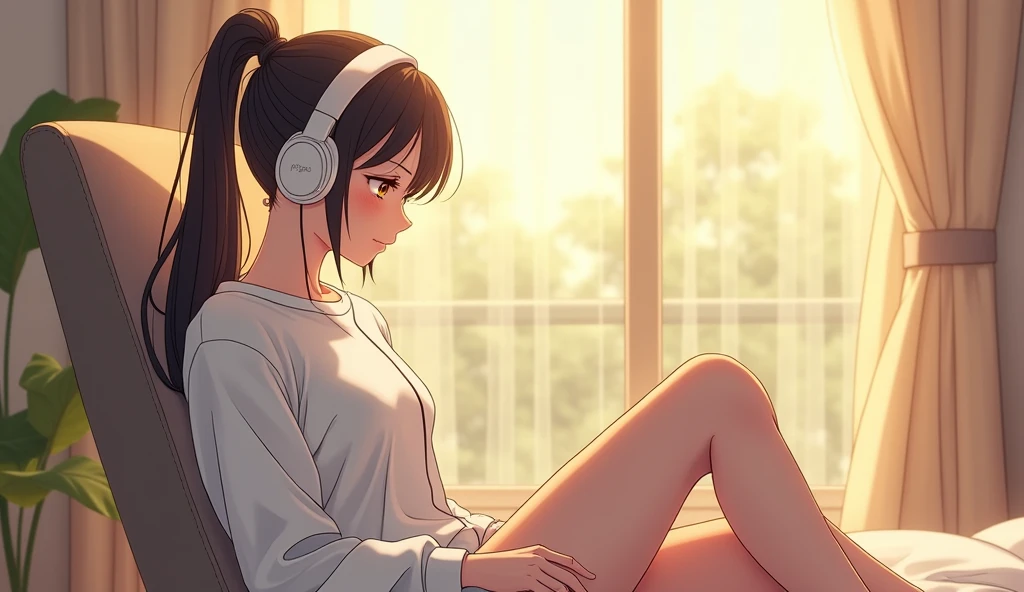 morning、Listen to music in the room、Sit on a chair、high school girl、Big Breasts、 relax、White sweatshirt、ponytail、Use headphones, Bright environment、2D-style animation, Lo-Fi、Retro、Anime style illustrations、Line art with clear outlines