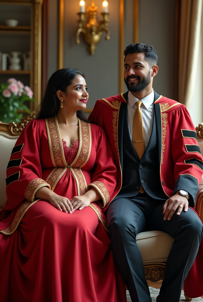 Wearing full body Academic regalia wealthy sri lankan average girl(large size breasts and butt) sit in chair and sri lankan wealthy age 35 man (software,electrical,garments companies owner)
