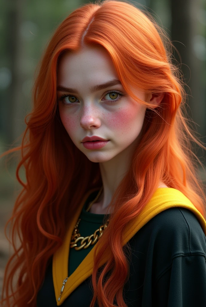 elle s'appelle nora smith, she is redheaded with long curly hair, she has lots of freckles, she has dark green eyes/marrons et elle porte un uniforme de poufsouffle à poudlard