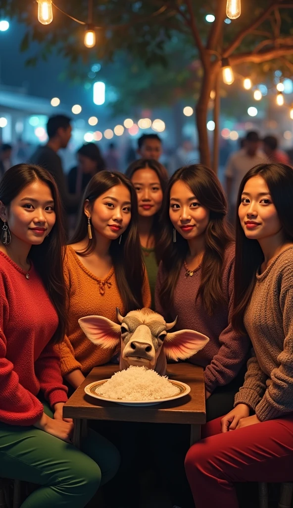 6 beautiful Indonesian women who are a bit fat, loose hair, big nose, wear colorful sweaters, long pants, sit down, all faces facing the front camera, and on the table there is a big cow&#39;s head on a plate and rice, location at the riverside stall, beautiful night atmosphere,  many people, ultra details, minim diffect, realistic, 8k quality image