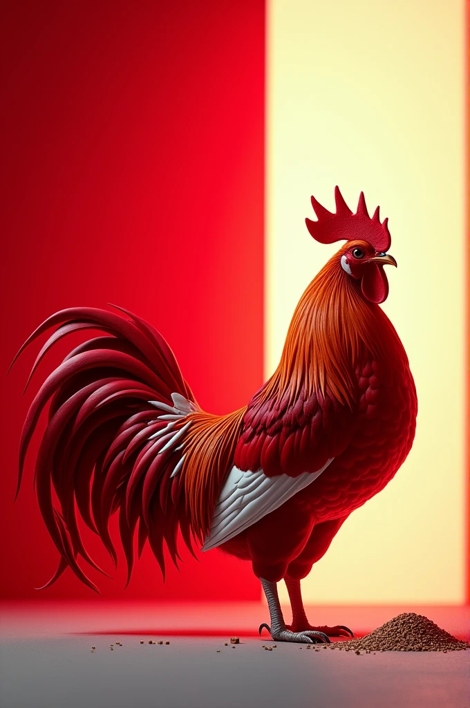 Background halfdown bright red and halfup white, a big white & red cock standing sideways, a chicken food