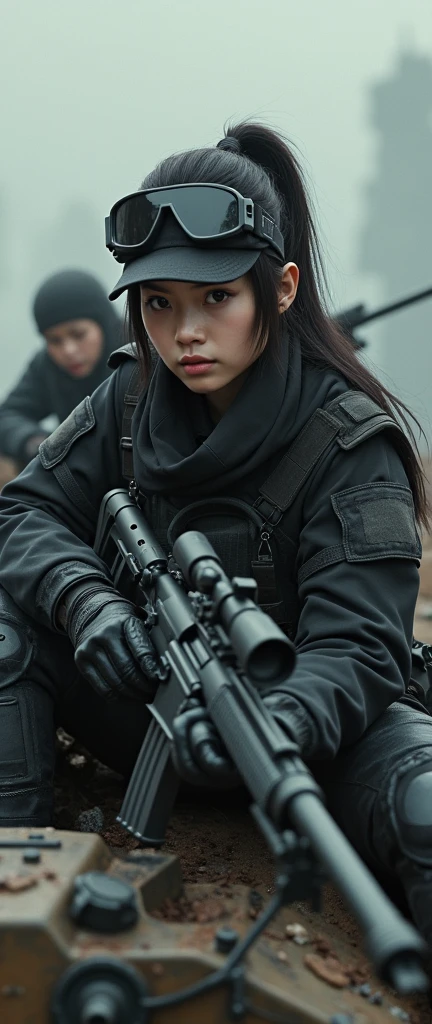 bleak gritty action edgy so much swagger trained marine corp militant asian females soliders with her female squads with serious expresion with an attitue vengance she adorn with pony tail hairstyle adorn hip hop rap style in kevlar black military attire armour sniper rifle on recline on a tank aiming sniper absolute disrespect bad-mannered 